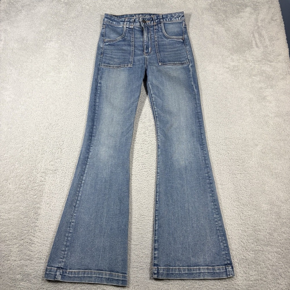 American Eagle Super High Rise Flare Jeans Womens 4 Bell Bottom Cargo Pocket